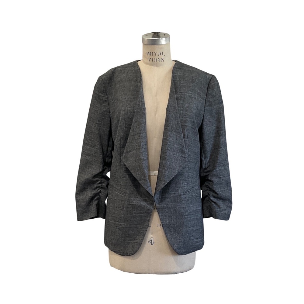 Nine West Gray Shawl Collar Blazer‎ Ruched 3/4 Sleeve Career Size 8 Full Lined